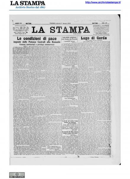La prima pagina de La Stampa del 9 maggio 1918