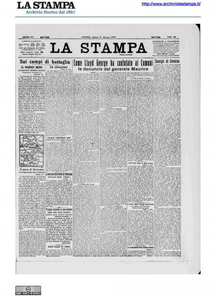 La prima pagina de La Stampa del 11 maggio 1918