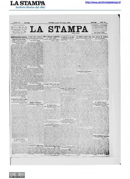 La prima pagina de La Stampa del 20 maggio 1918