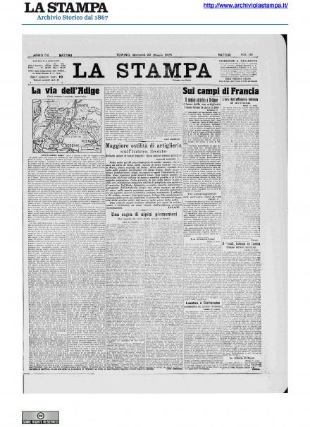 La prima pagina de La Stampa del 22 maggio 1918
