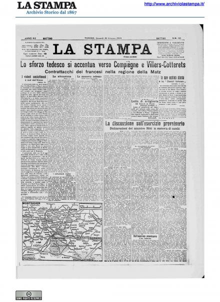 La prima pagina de La Stampa del 14 giugno 1918
