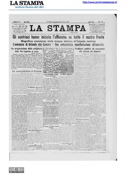La prima pagina de La Stampa del 16 giugno 1918