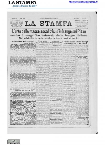 La prima pagina de La Stampa del 20 giugno 1918