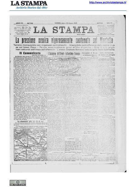 La prima pagina de La Stampa del 22 giugno 1918