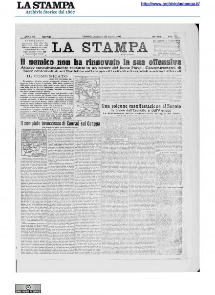 La prima pagina de La Stampa del 23 giugno 1918