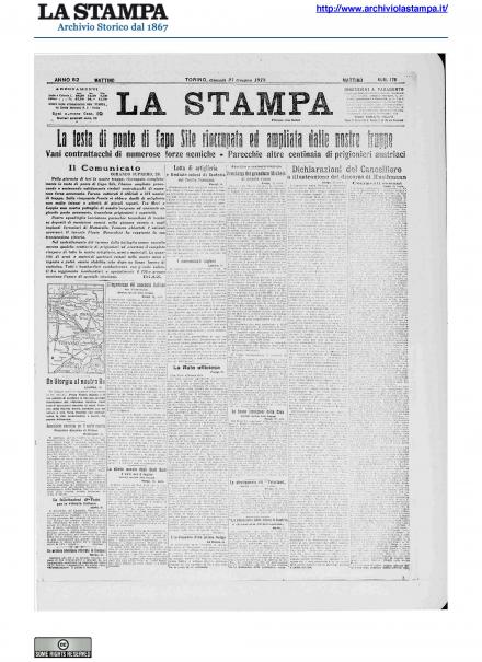 La prima pagina de La Stampa del 27 giugno 1918