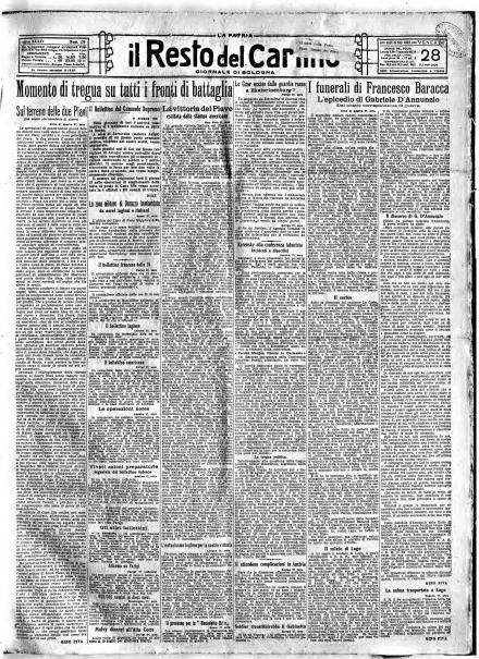 La prima pagina de Il Resto del Carlino del 28 giugno 1918