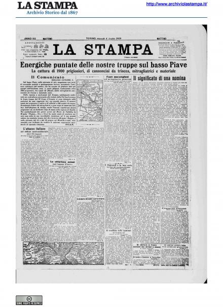 La prima pagina de La Stampa del 4 luglio 1918