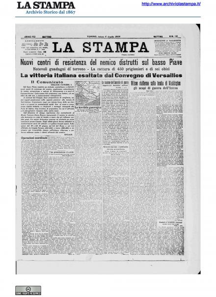 La prima pagina de La Stampa del 6 luglio 1918