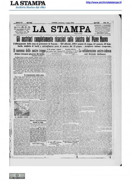 La prima pagina de La Stampa del 7 luglio 1918