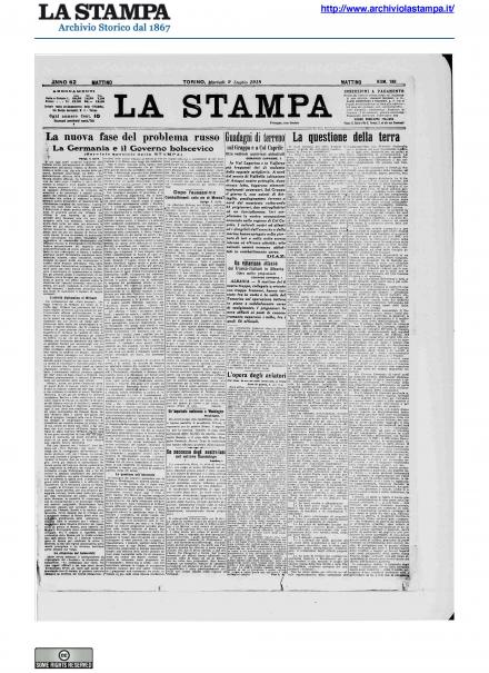 La prima pagina de La Stampa del 9 luglio 1918