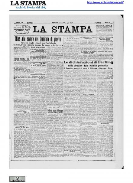 La prima pagina de La Stampa del 13 luglio 1918
