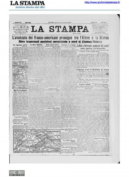 La prima pagina de La Stampa del 21 luglio 1918