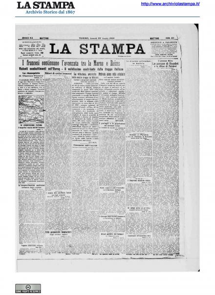 La prima pagina de La Stampa del 22 luglio 1918