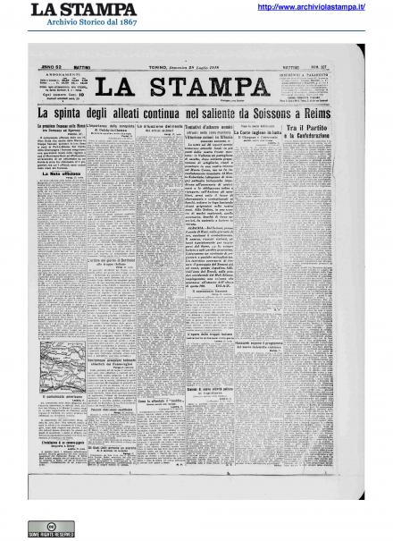 La prima pagina de La Stampa del 28 luglio 1918
