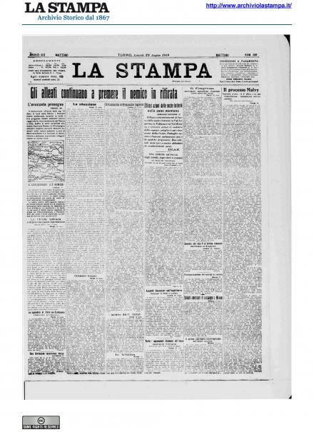 La prima pagina de La Stampa del 29 luglio 1918