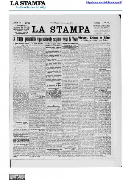 La prima pagina de La Stampa del 31 luglio 1918