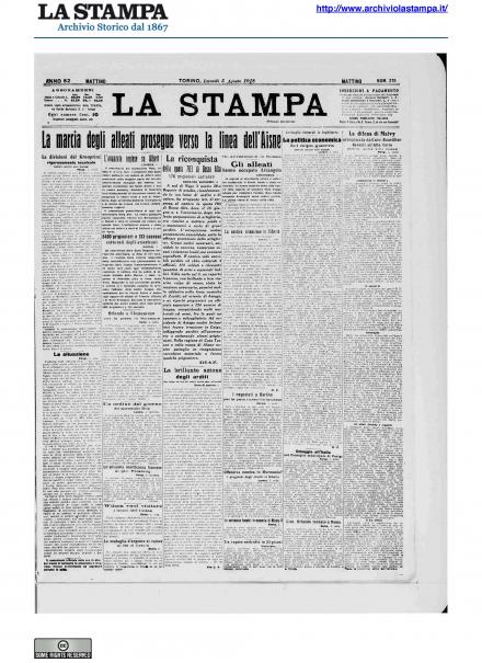 La prima pagina de La Stampa del 5 agosto 1918