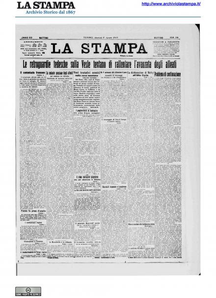 La prima pagina de La Stampa del 6 agosto 1918