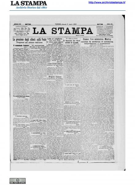 La prima pagina de La Stampa del 8 agosto 1918