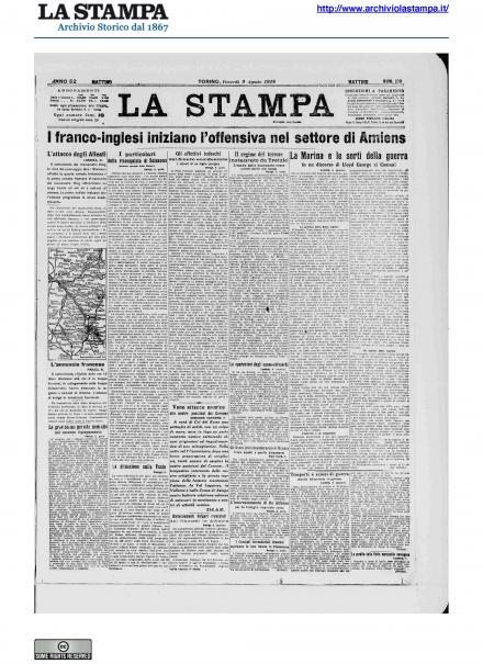 La prima pagina de La Stampa del 9 agosto 1918