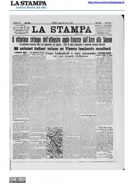 La prima pagina de La Stampa del 10 agosto 1918