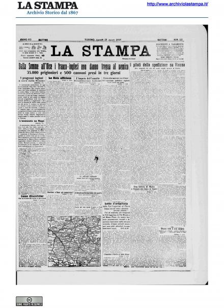 La prima pagina de La Stampa del 12 agosto 1918