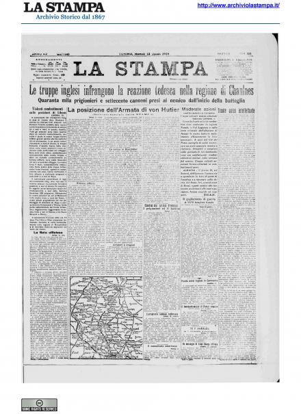 La prima pagina de La Stampa del 13 agosto 1918