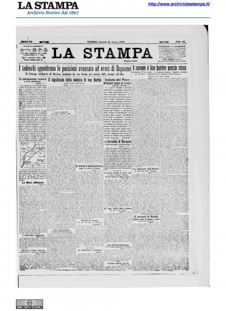 La prima pagina de La Stampa del 16 agosto 1918