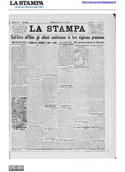 La prima pagina de La Stampa del 17 agosto 1918