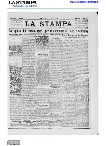 La prima pagina de La Stampa del 18 agosto 1918