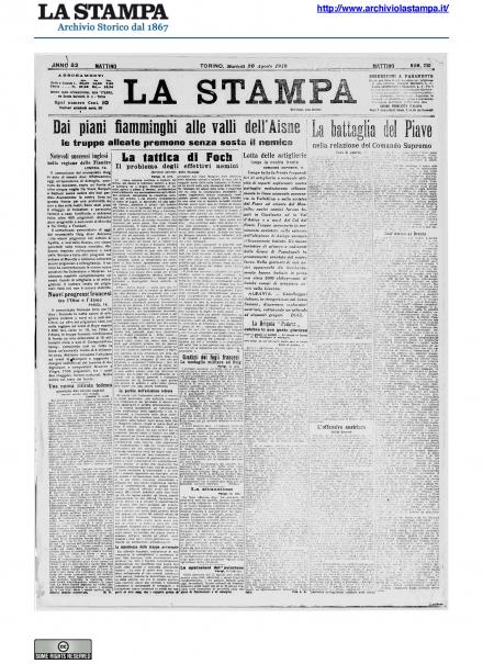 La prima pagina de La Stampa del 20 agosto 1918
