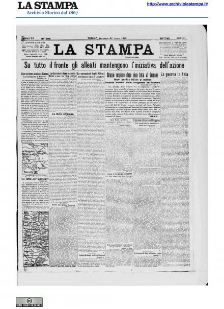La prima pagina de La Stampa del 21 agosto 1918