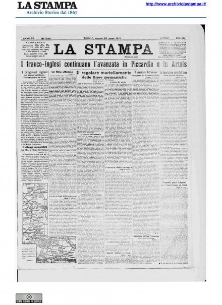 La prima pagina de La Stampa del 23 agosto 1918