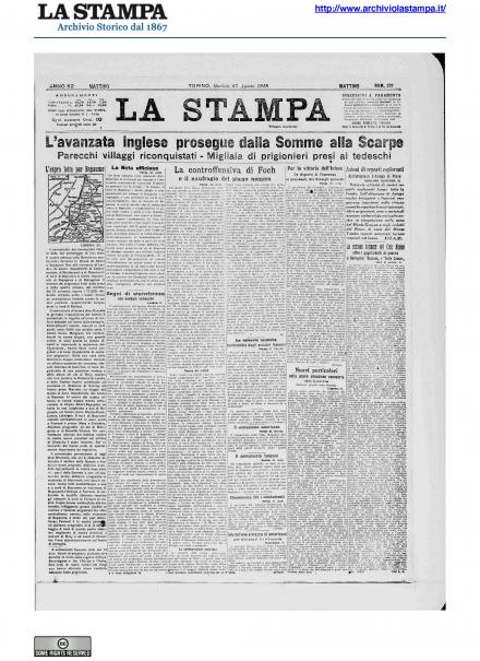 La prima pagina de La Stampa del 27 agosto 1918