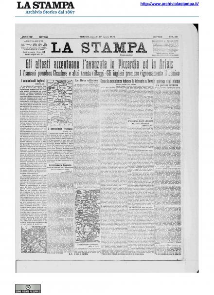 La prima pagina de La Stampa del 29 agosto 1918