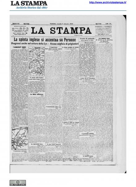 La prima pagina de La Stampa del 2 settembre 1918