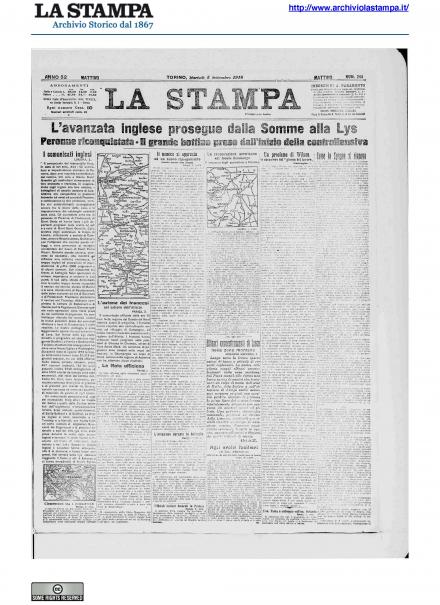 La prima pagina de La Stampa del 3 settembre 1918