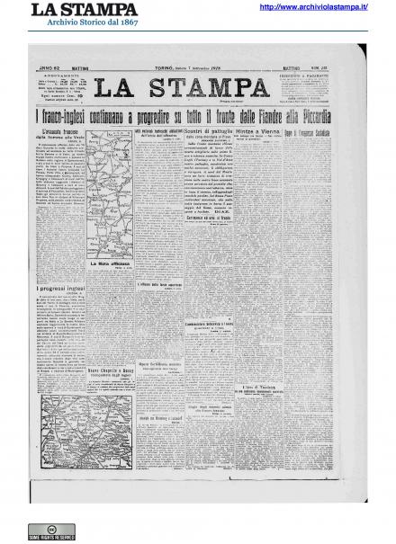 La prima pagina de La Stampa del 7 settembre 1918