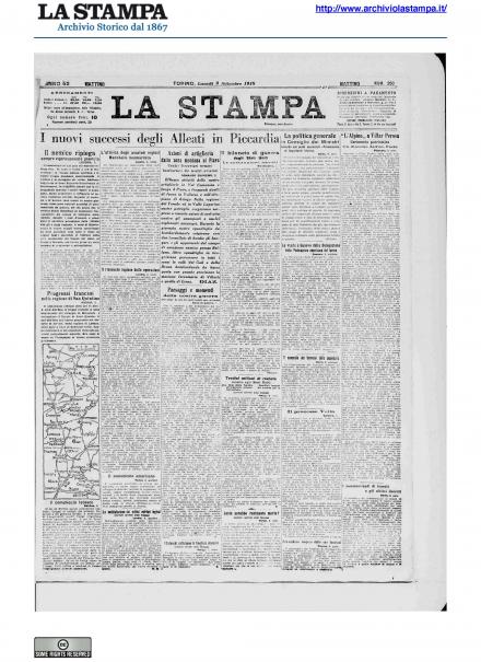La prima pagina de La Stampa del 9 settembre 1918
