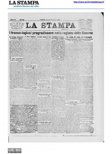 La prima pagina de La Stampa del 10 settembre 1918