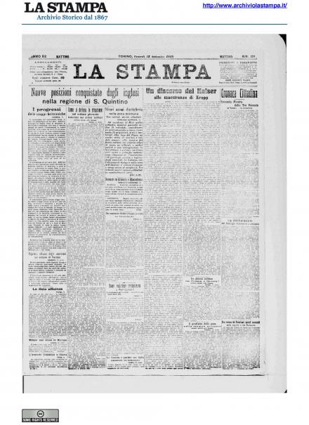 La prima pagina de La Stampa del 13 settembre 1918