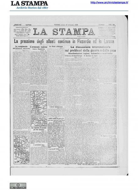 La prima pagina de La Stampa del 14 settembre 1918