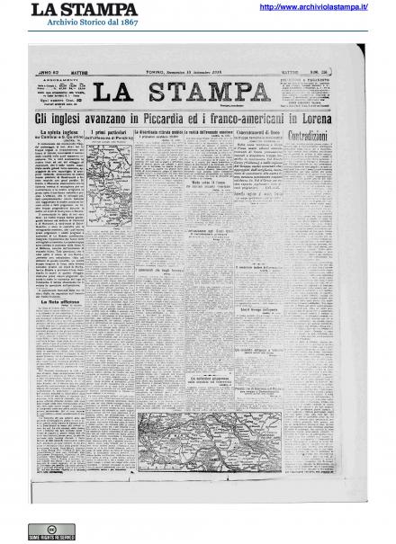 La prima pagina de La Stampa del 15 settembre 1918