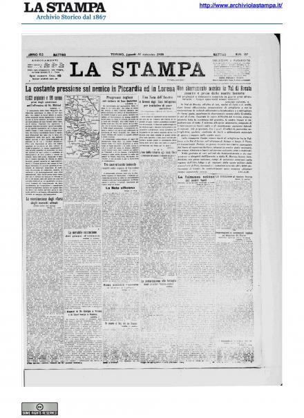 La prima pagina de La Stampa del 16 settembre 1918