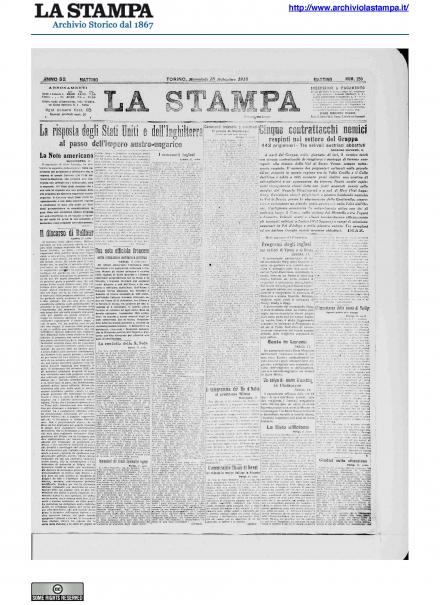 La prima pagina de La Stampa del 18 settembre 1918