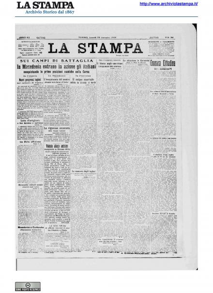 La prima pagina de La Stampa del 23 settembre 1918