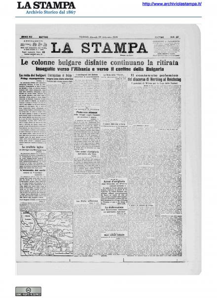 La prima pagina de La Stampa del 26 settembre 1918