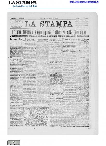 La prima pagina de La Stampa del 27 settembre 1918