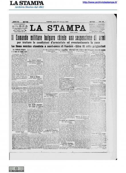 La prima pagina de La Stampa del 28 settembre 1918